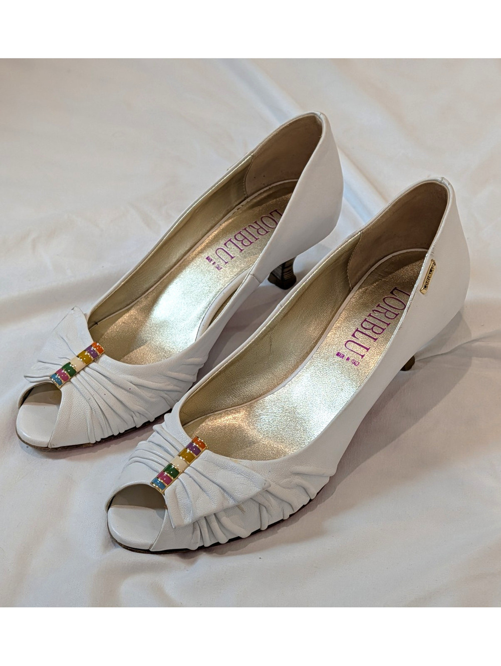 Loriblu Women’s White Leather Beaded Peep Toe Slip-On Pumps EU 36